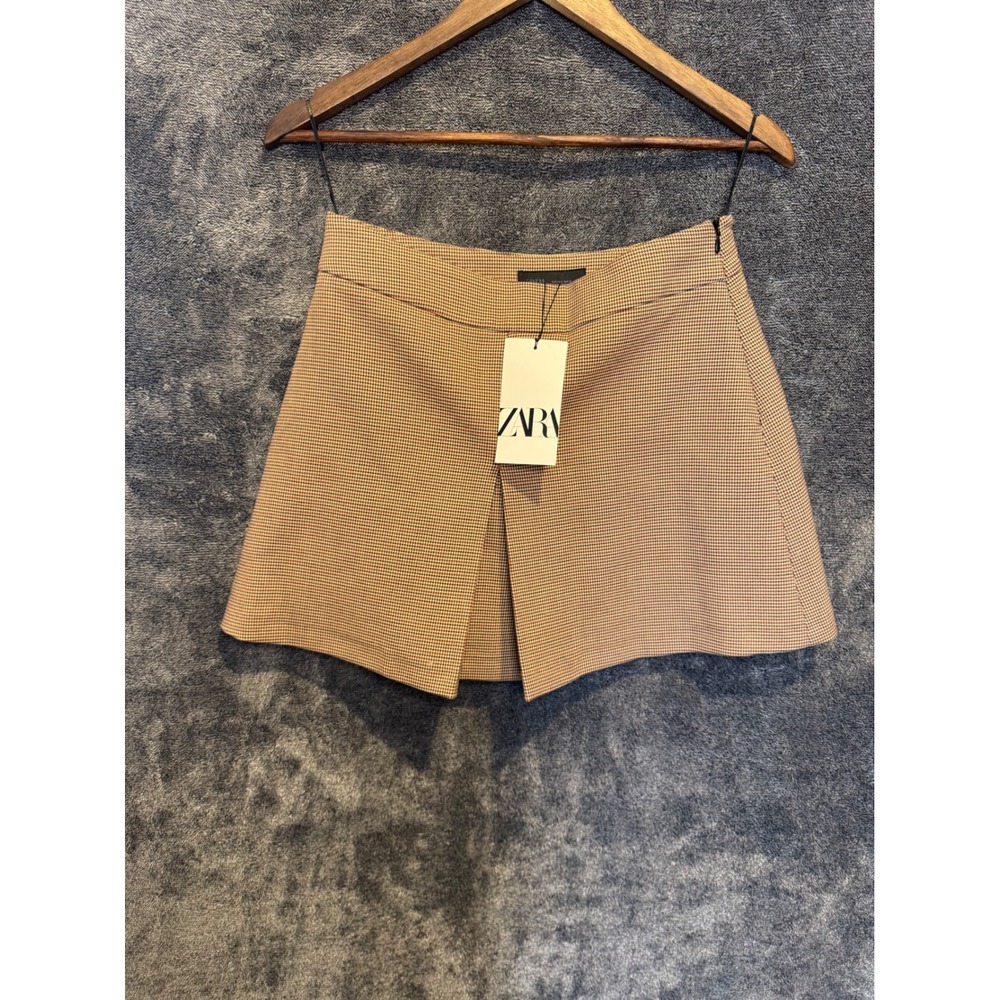 Zara Womens‎ Houndstooth Plaid Skort Tan Black Red Mini Skirt Shorts Size Small